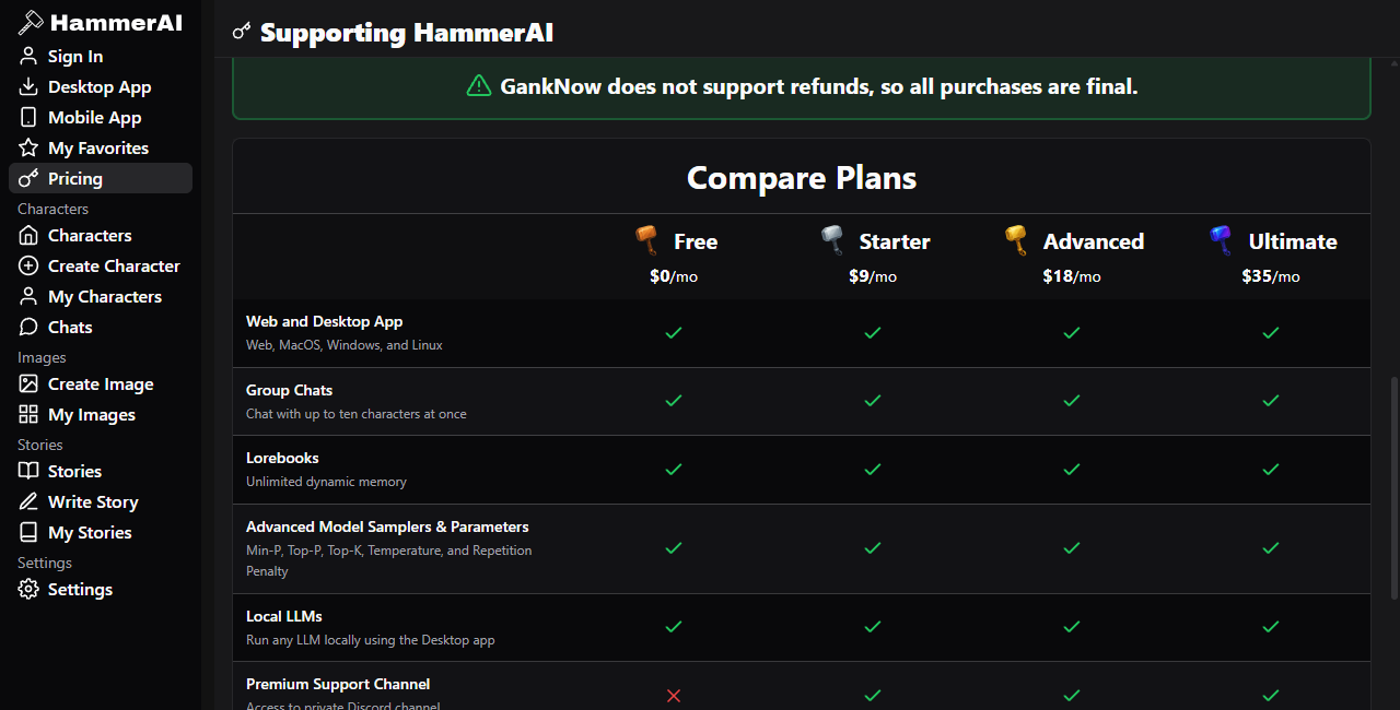 Hammer AI plan comparison table for Free Starter Advanced and Ultimate